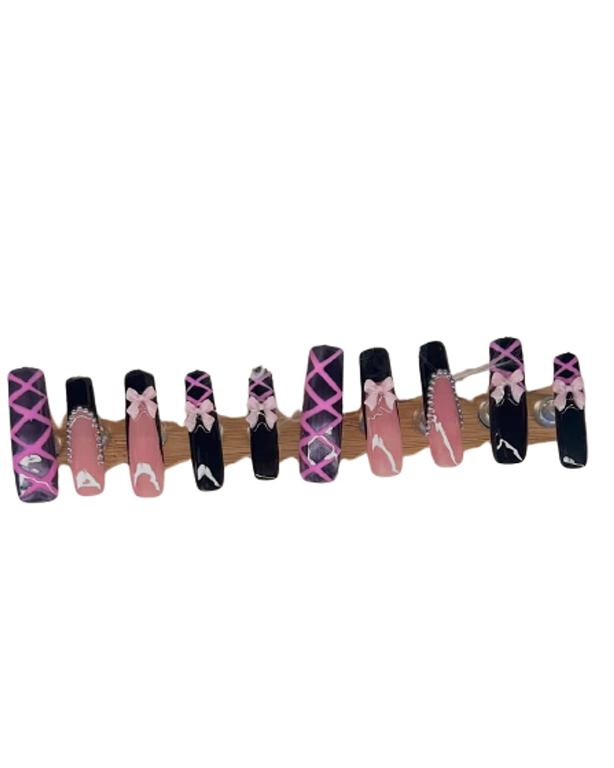 Pink and Black Ballerina Bow Full Press-On Set